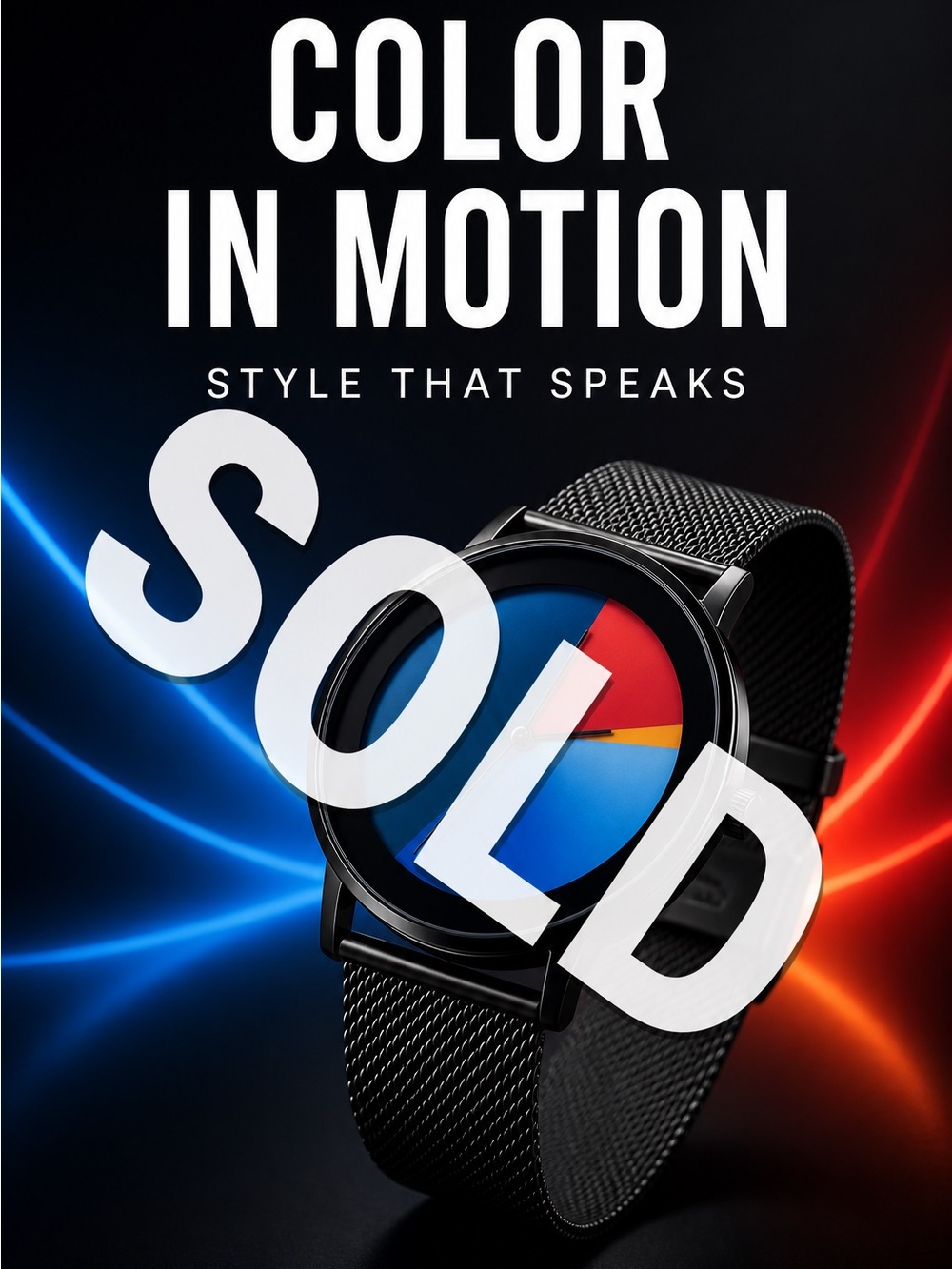 Minimalist Black Mesh Watch with Blue and Red Dial